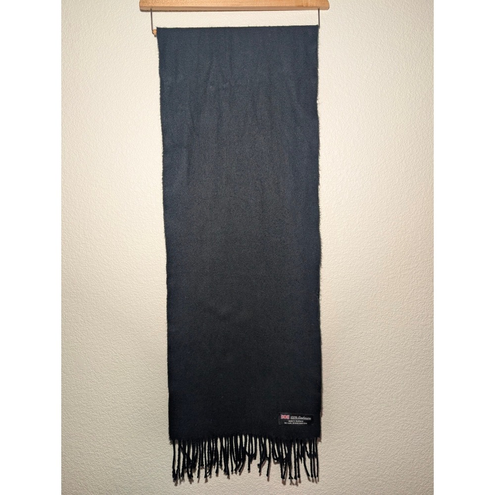 100% Cashmere Scarf Unisex Black Excellent Made in Scotland Fringe Minimalist